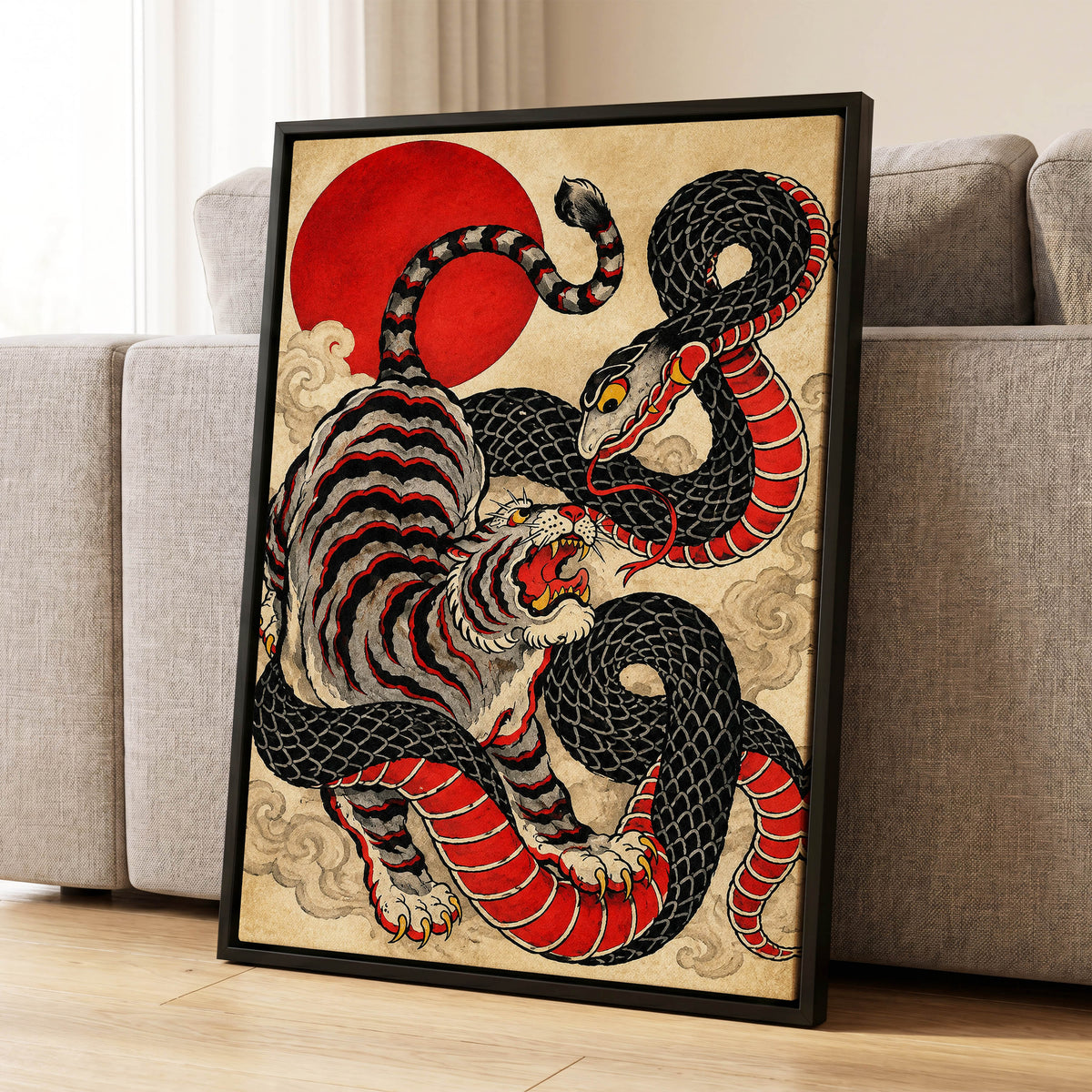 Crimson Coil Clash, black, red, beige nature wall art displayed in a styled interior, gallery view 4