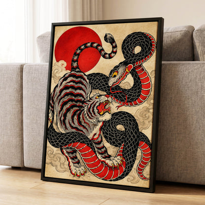 Crimson Coil Clash, black, red, beige nature wall art displayed in a styled interior, gallery view 4