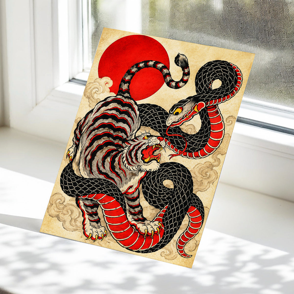 Crimson Coil Clash, black, red, beige nature wall art displayed in a styled interior, gallery view 5