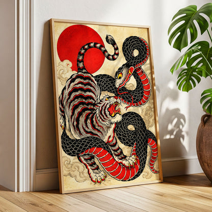Crimson Coil Clash, black, red, beige nature wall art displayed in a styled interior, gallery view 6