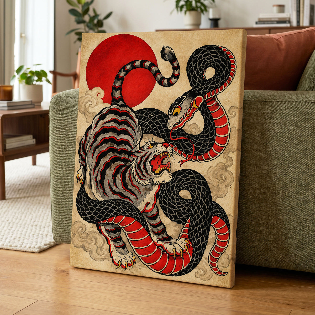Crimson Coil Clash, black, red, beige nature wall art displayed in a styled interior, gallery view 7