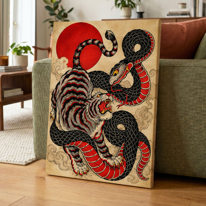 Crimson Coil Clash, black, red, beige nature wall art displayed in a styled interior, gallery view 7