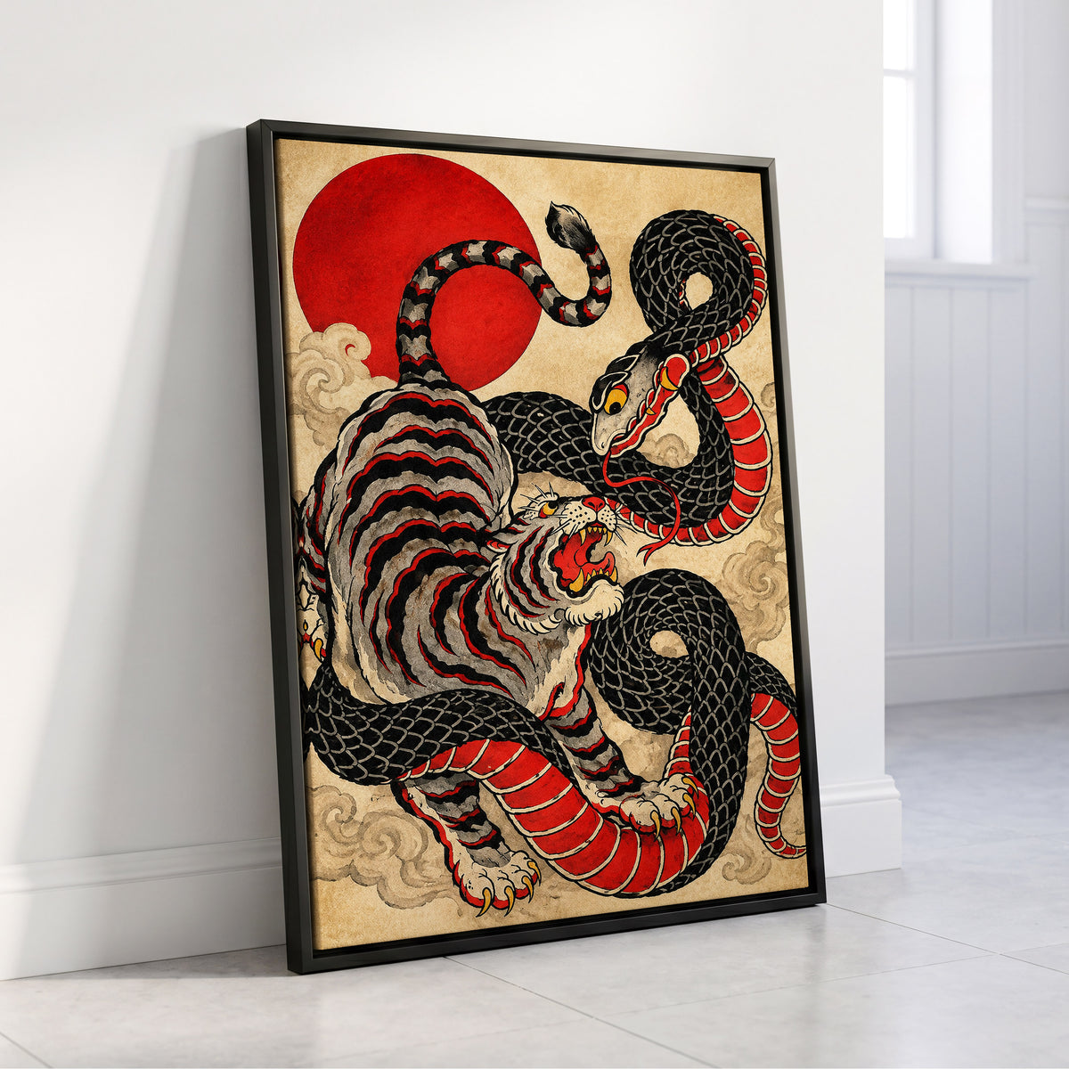 Crimson Coil Clash, black, red, beige nature wall art displayed in a styled interior, gallery view 8