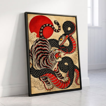 Crimson Coil Clash, black, red, beige nature wall art displayed in a styled interior, gallery view 8