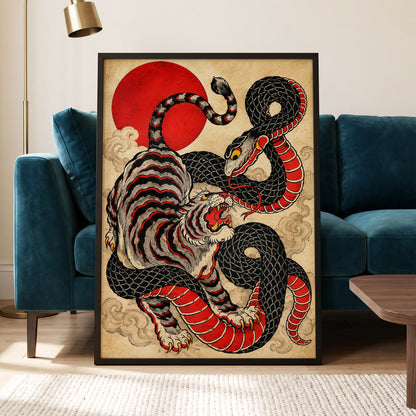 Crimson Coil Clash, black, red, beige nature wall art displayed in a styled interior, gallery view 9