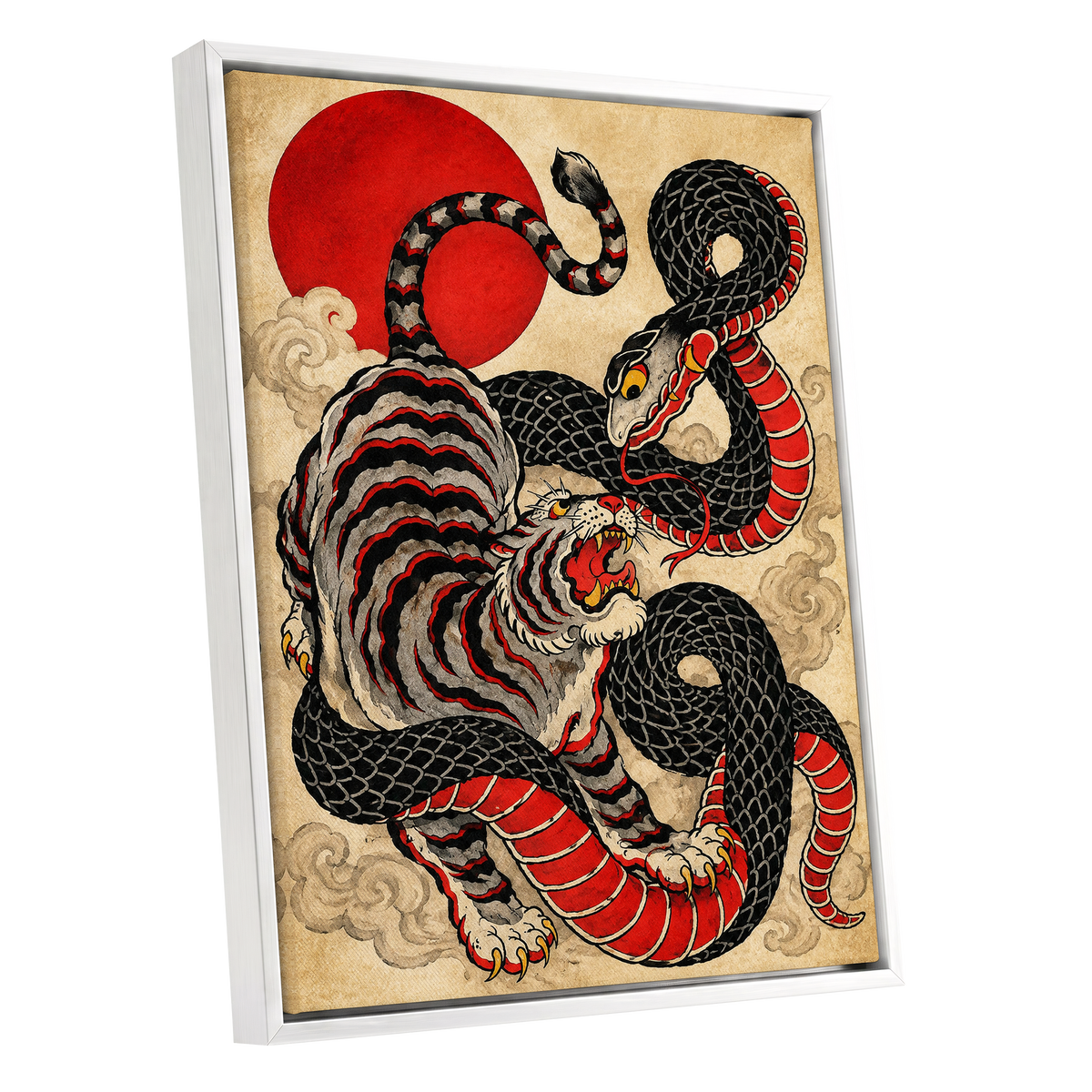 Crimson Coil Clash, black, red, beige nature wall art shown as a white framed canvas wall art