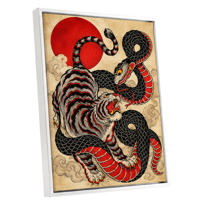 Crimson Coil Clash, black, red, beige nature wall art shown as a white framed canvas wall art
