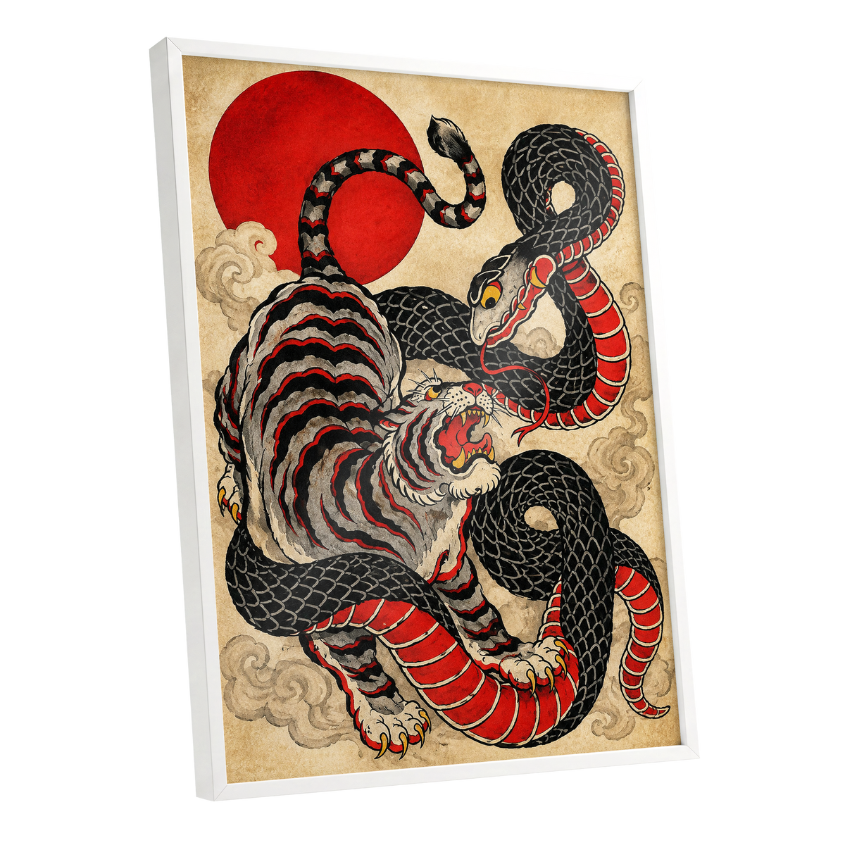 Crimson Coil Clash, black, red, beige nature wall art shown as a white framed poster wall art print