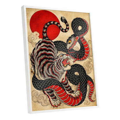 Crimson Coil Clash, black, red, beige nature wall art shown as a white framed poster wall art print