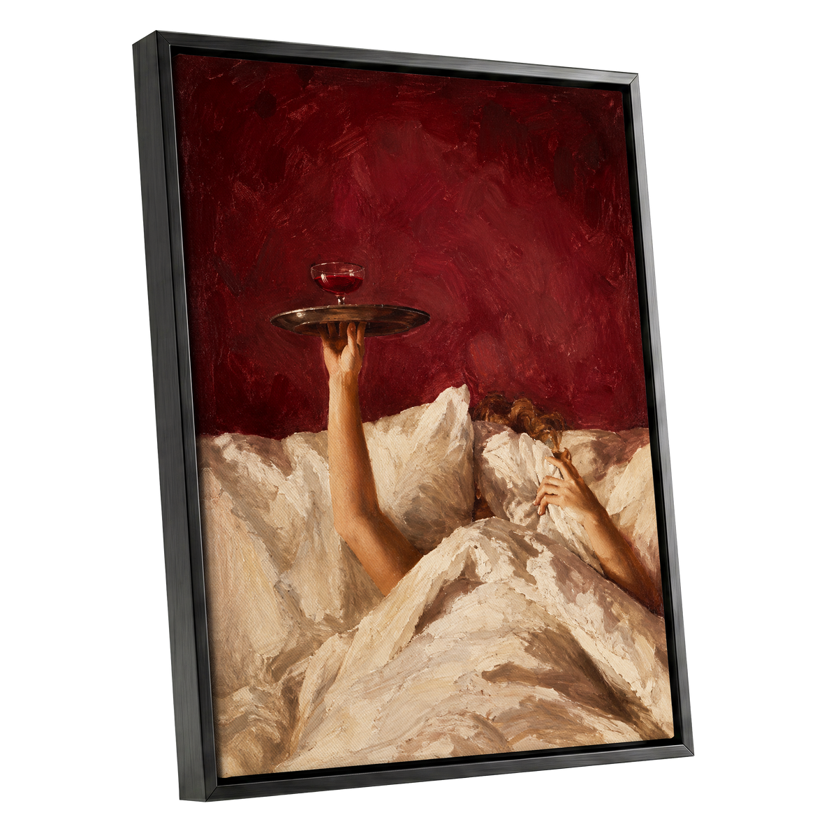 Crimson Comfort, red, beige, brown minimalist wall art shown as a black framed canvas wall art