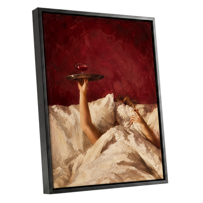Crimson Comfort, red, beige, brown minimalist wall art shown as a black framed canvas wall art