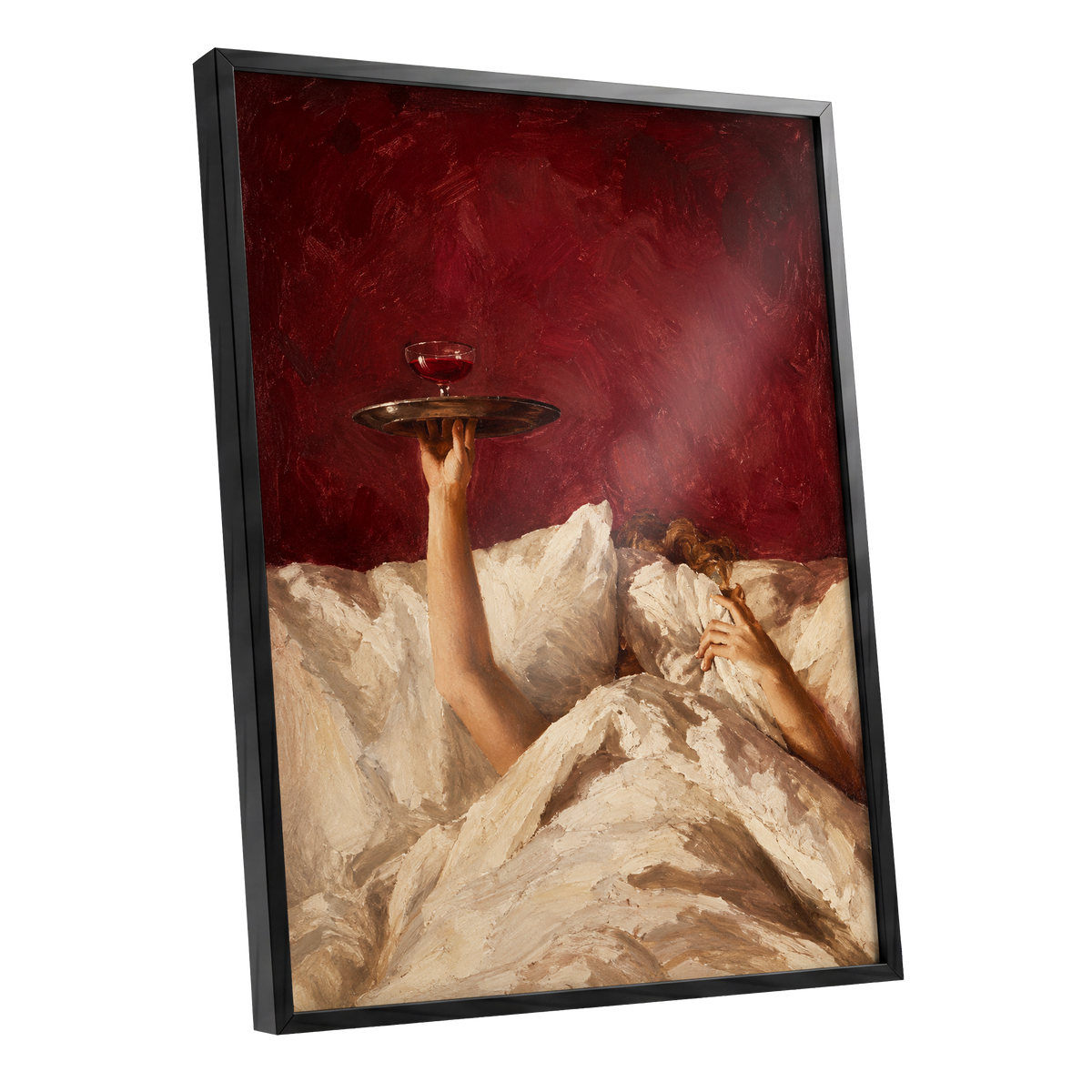 Crimson Comfort, red, beige, brown minimalist wall art shown as a black framed poster wall art print