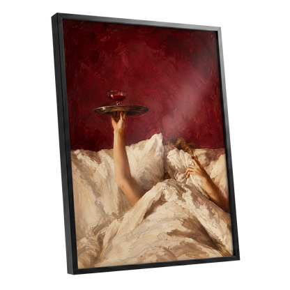 Crimson Comfort, red, beige, brown minimalist wall art shown as a black framed poster wall art print