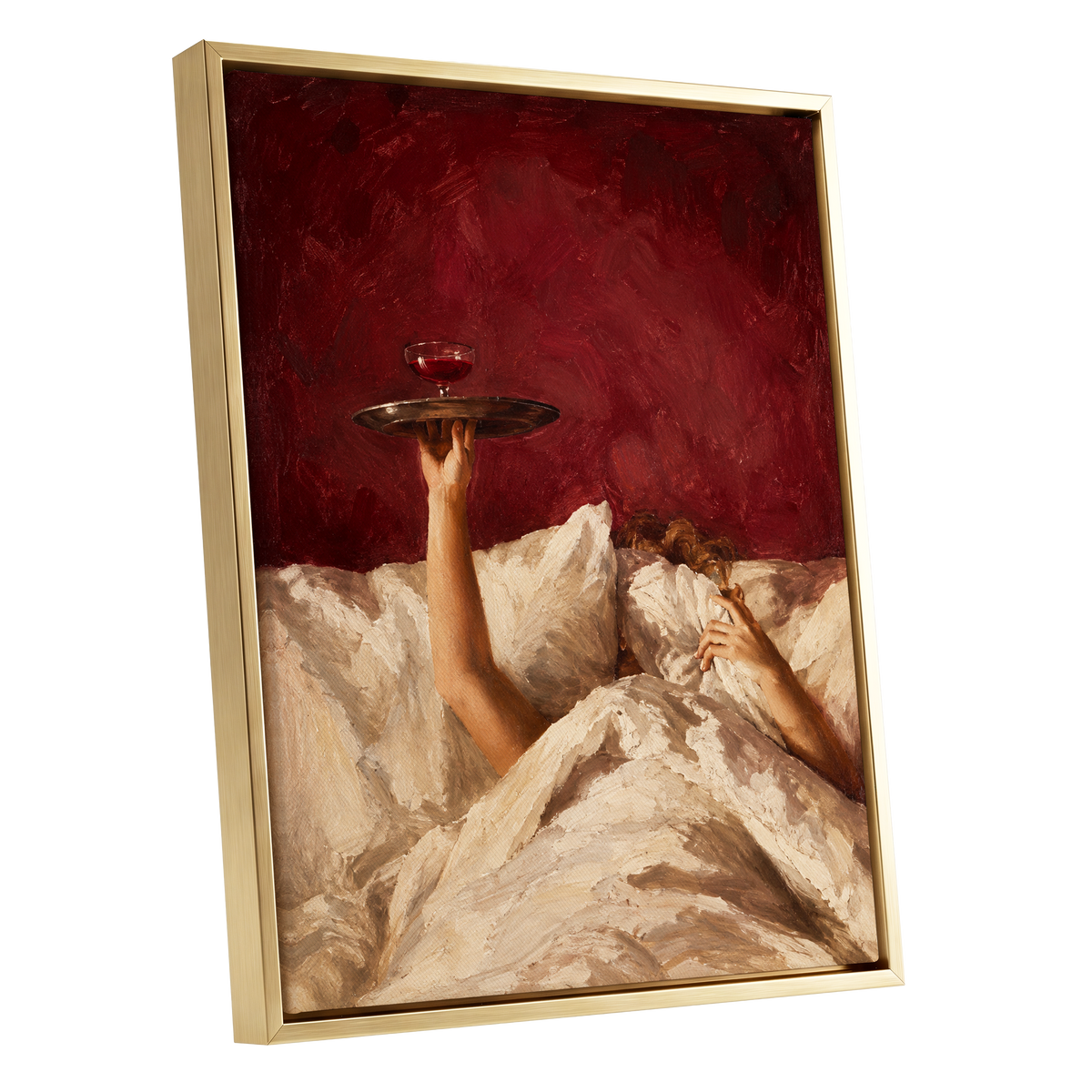 Crimson Comfort, red, beige, brown minimalist wall art shown as a gold framed canvas wall art