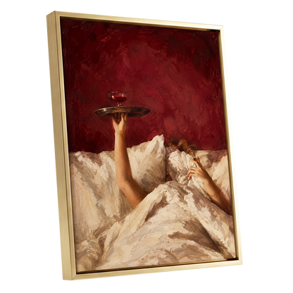 Crimson Comfort, red, beige, brown minimalist wall art shown as a gold framed canvas wall art
