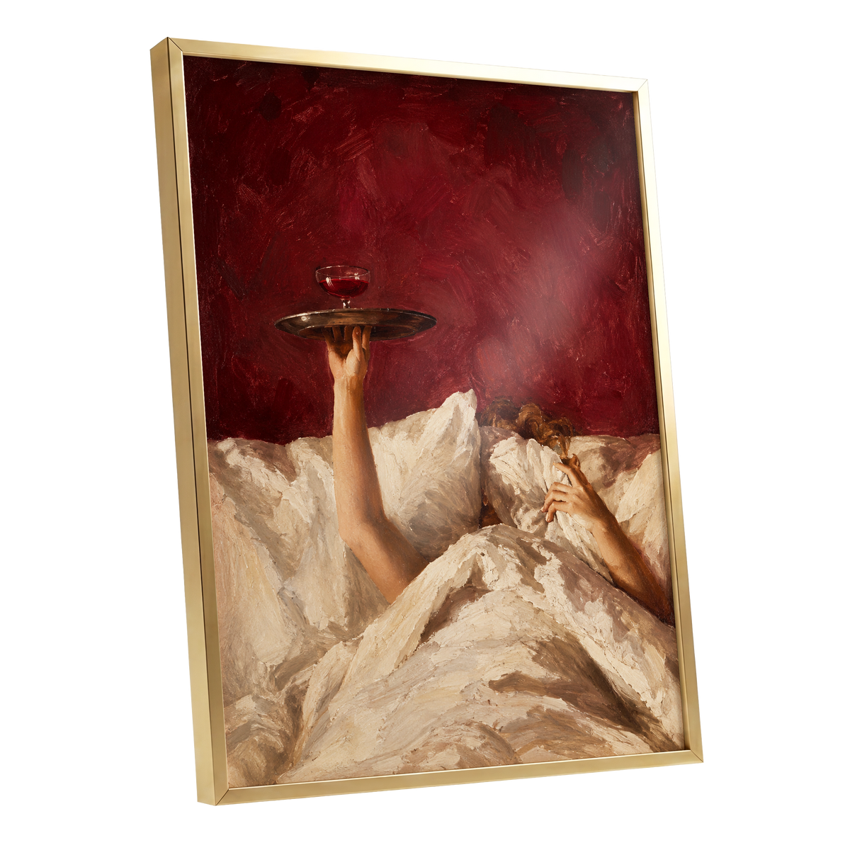 Crimson Comfort, red, beige, brown minimalist wall art shown as a gold framed poster wall art print