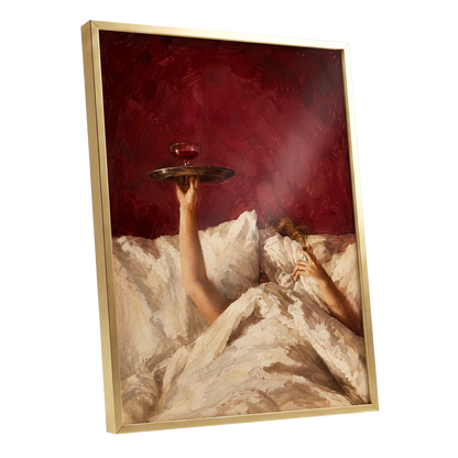 Crimson Comfort, red, beige, brown minimalist wall art shown as a gold framed poster wall art print