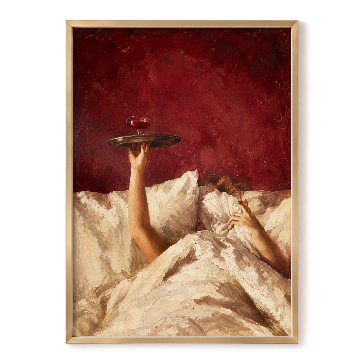 Crimson Comfort, red, beige, brown minimalist wall art, front artwork view
