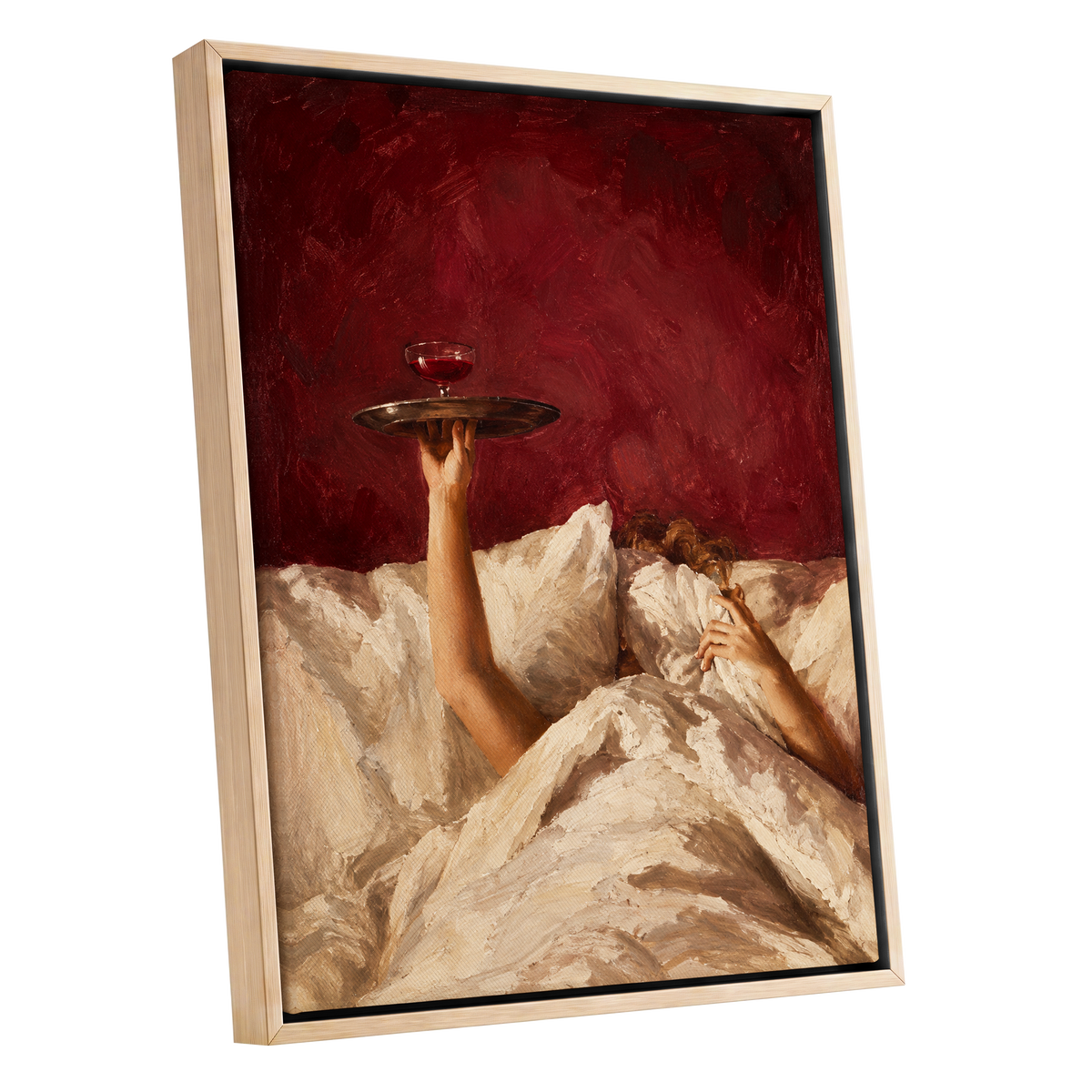 Crimson Comfort, red, beige, brown minimalist wall art shown as a oak framed canvas wall art
