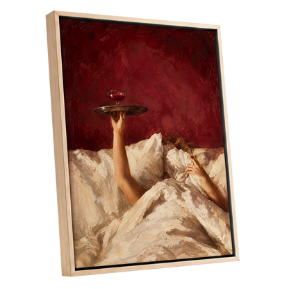 Crimson Comfort, red, beige, brown minimalist wall art shown as a oak framed canvas wall art