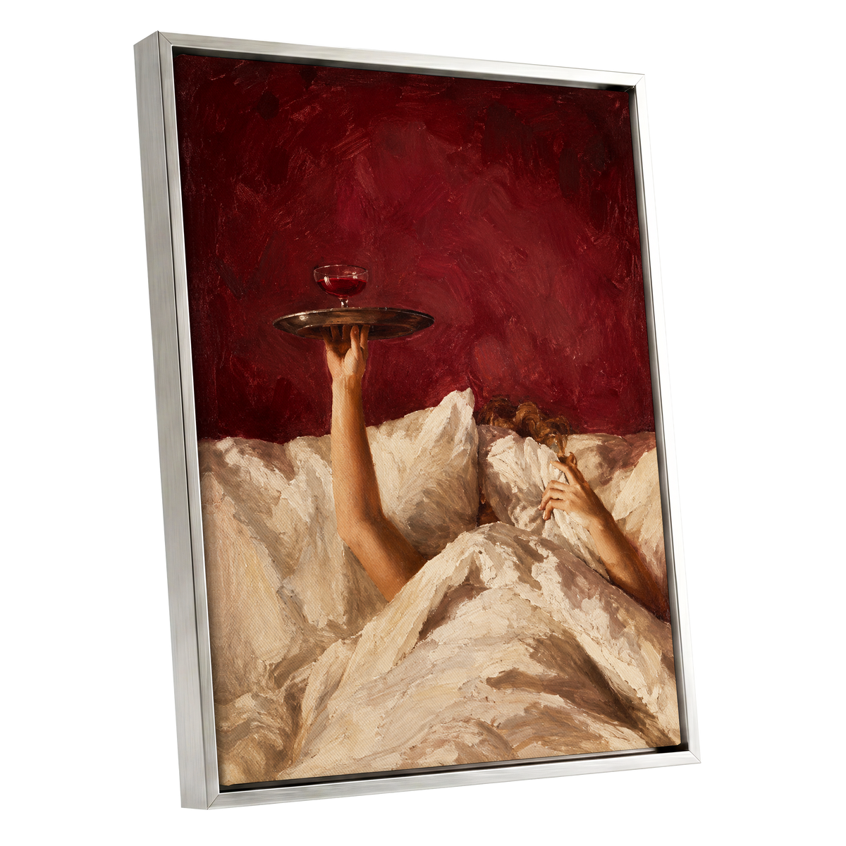 Crimson Comfort, red, beige, brown minimalist wall art shown as a silver framed canvas wall art