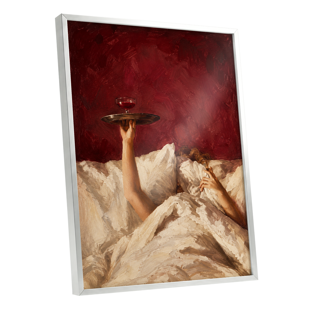 Crimson Comfort, red, beige, brown minimalist wall art shown as a silver framed poster wall art print