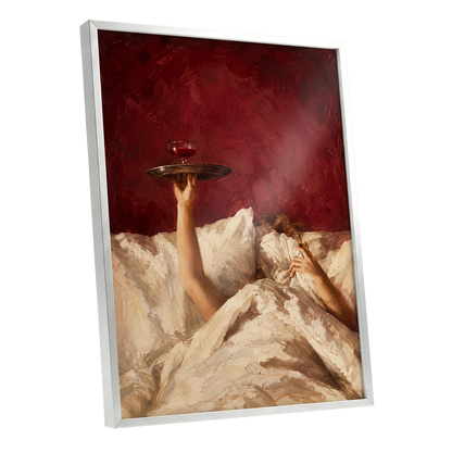 Crimson Comfort, red, beige, brown minimalist wall art shown as a silver framed poster wall art print