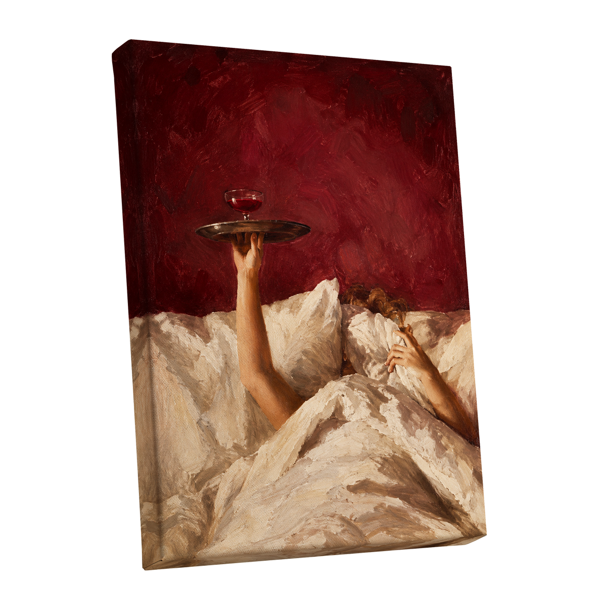 Crimson Comfort, red, beige, brown minimalist wall art shown as a stretched canvas wall art