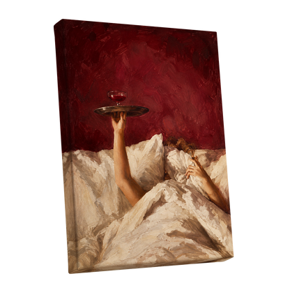 Crimson Comfort, red, beige, brown minimalist wall art shown as a stretched canvas wall art