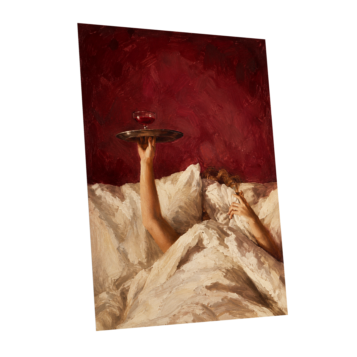 Crimson Comfort, red, beige, brown minimalist wall art shown as a unframed poster wall art print
