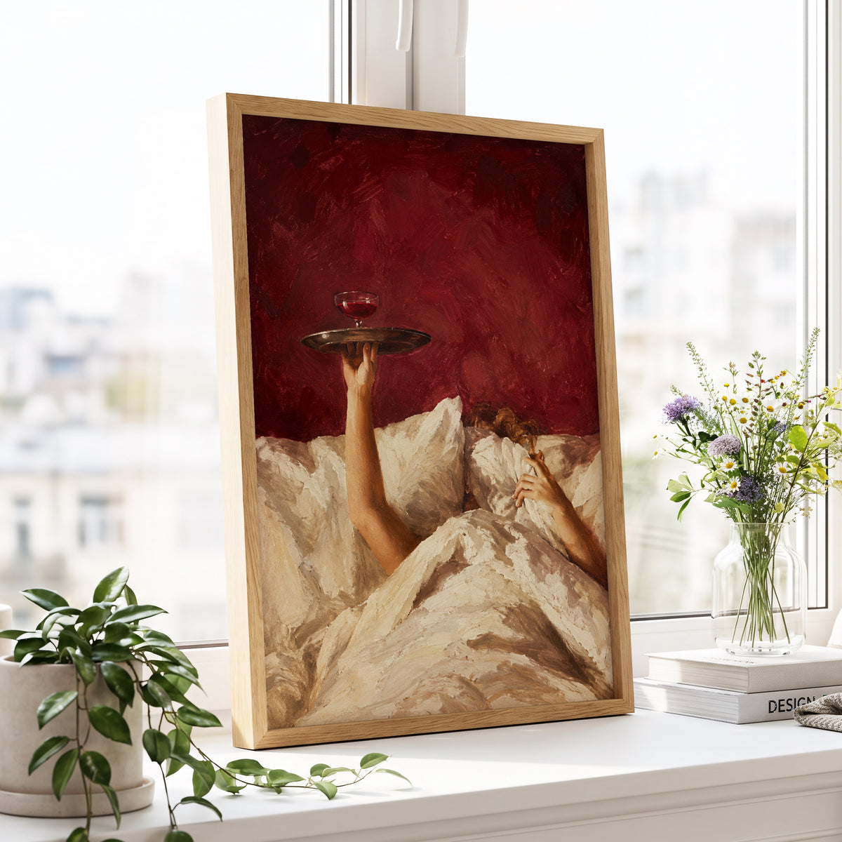 Crimson Comfort, red, beige, brown minimalist wall art displayed in a styled interior, gallery view 2