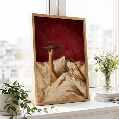Crimson Comfort, red, beige, brown minimalist wall art displayed in a styled interior, gallery view 2