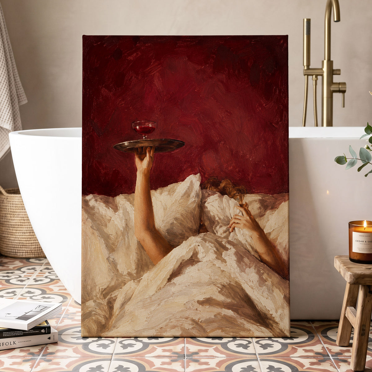 Crimson Comfort, red, beige, brown minimalist wall art displayed in a styled interior, gallery view 3