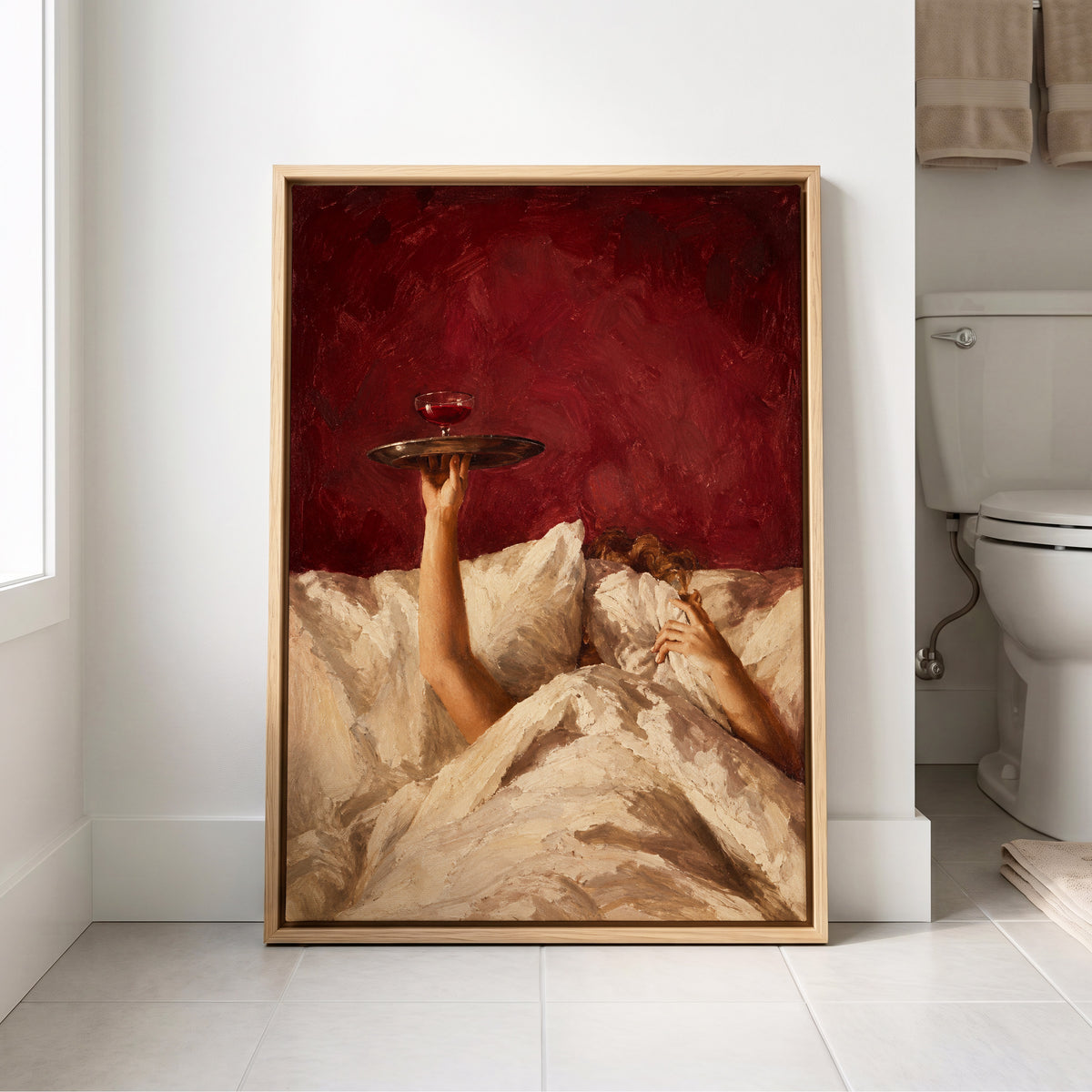 Crimson Comfort, red, beige, brown minimalist wall art displayed in a styled interior, gallery view 4