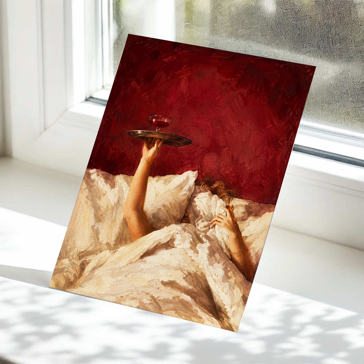 Crimson Comfort, red, beige, brown minimalist wall art displayed in a styled interior, gallery view 5