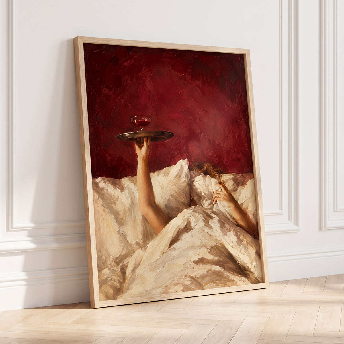 Crimson Comfort, red, beige, brown minimalist wall art displayed in a styled interior, gallery view 6