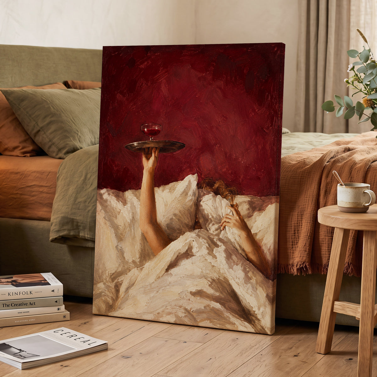 Crimson Comfort, red, beige, brown minimalist wall art displayed in a styled interior, gallery view 7