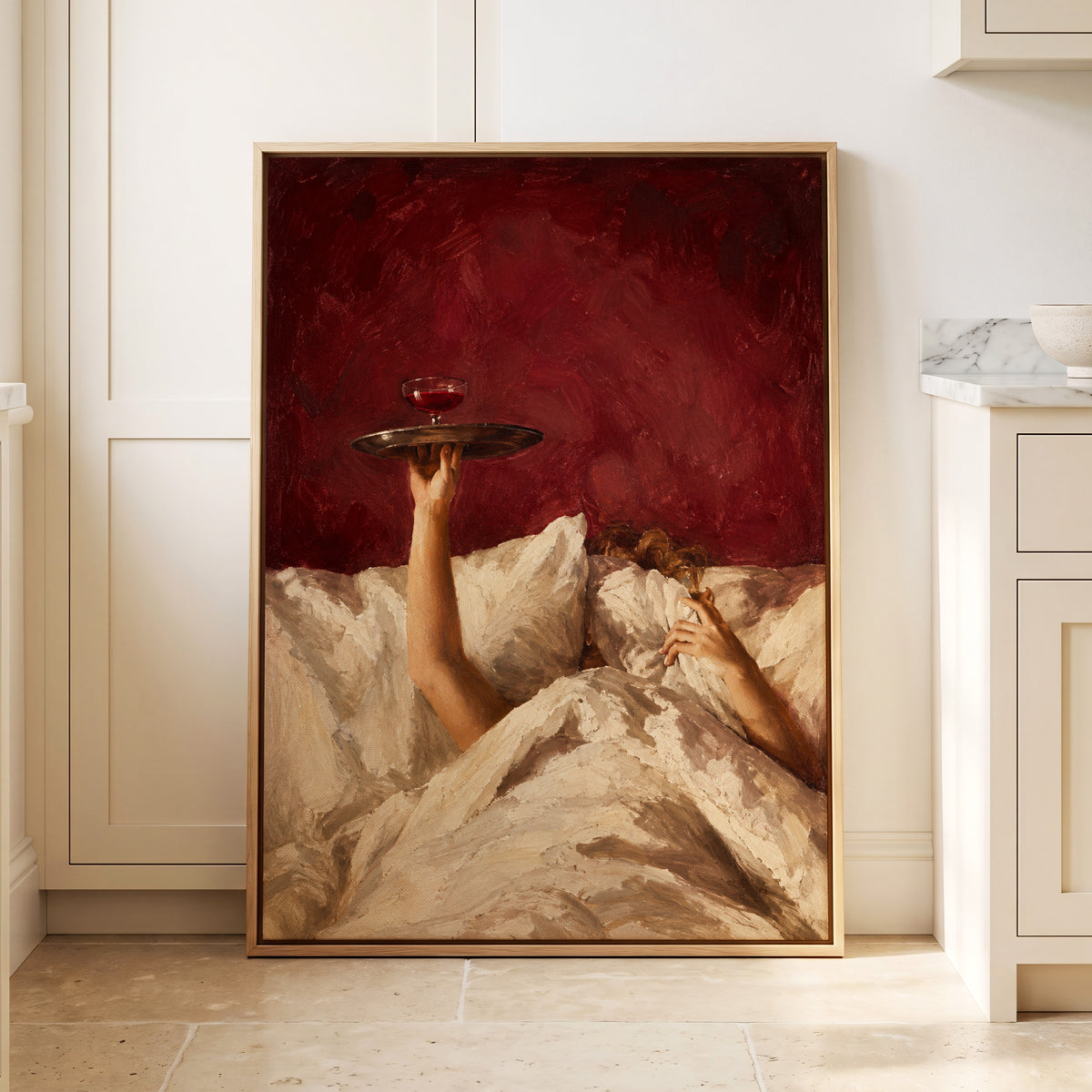 Crimson Comfort, red, beige, brown minimalist wall art displayed in a styled interior, gallery view 8