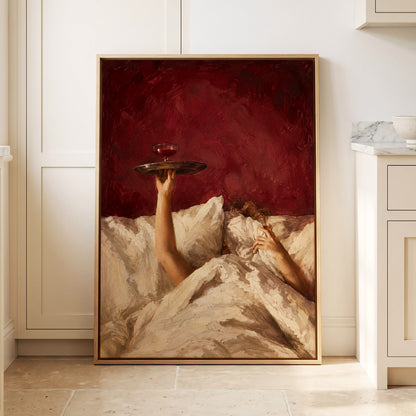 Crimson Comfort, red, beige, brown minimalist wall art displayed in a styled interior, gallery view 8