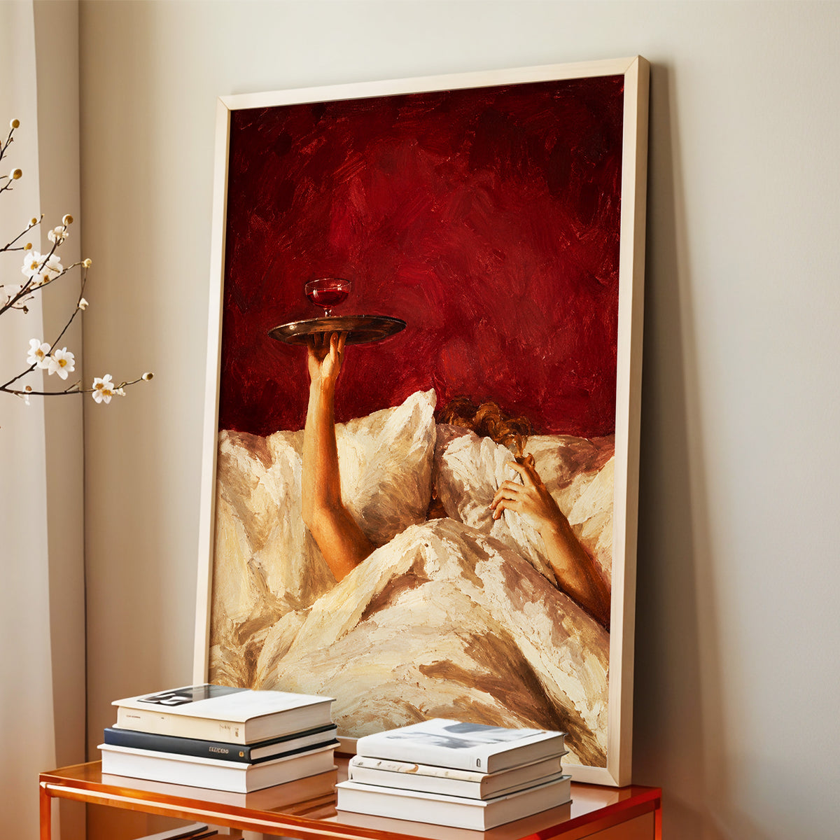 Crimson Comfort, red, beige, brown minimalist wall art displayed in a styled interior, gallery view 9