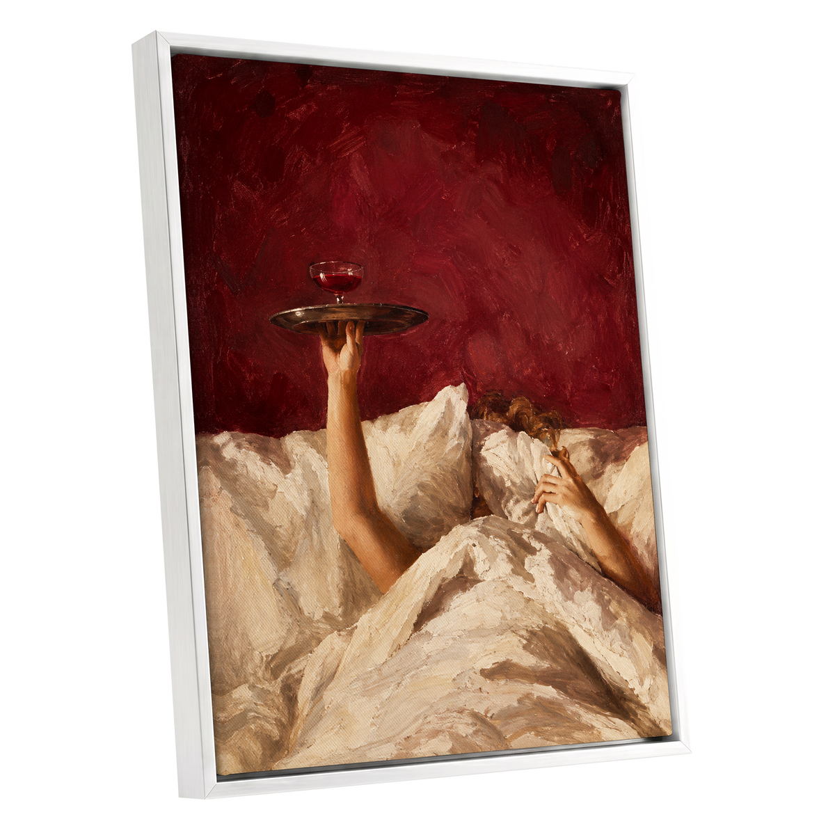 Crimson Comfort, red, beige, brown minimalist wall art shown as a white framed canvas wall art