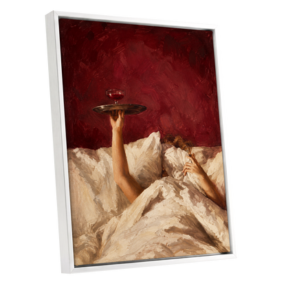 Crimson Comfort, red, beige, brown minimalist wall art shown as a white framed canvas wall art