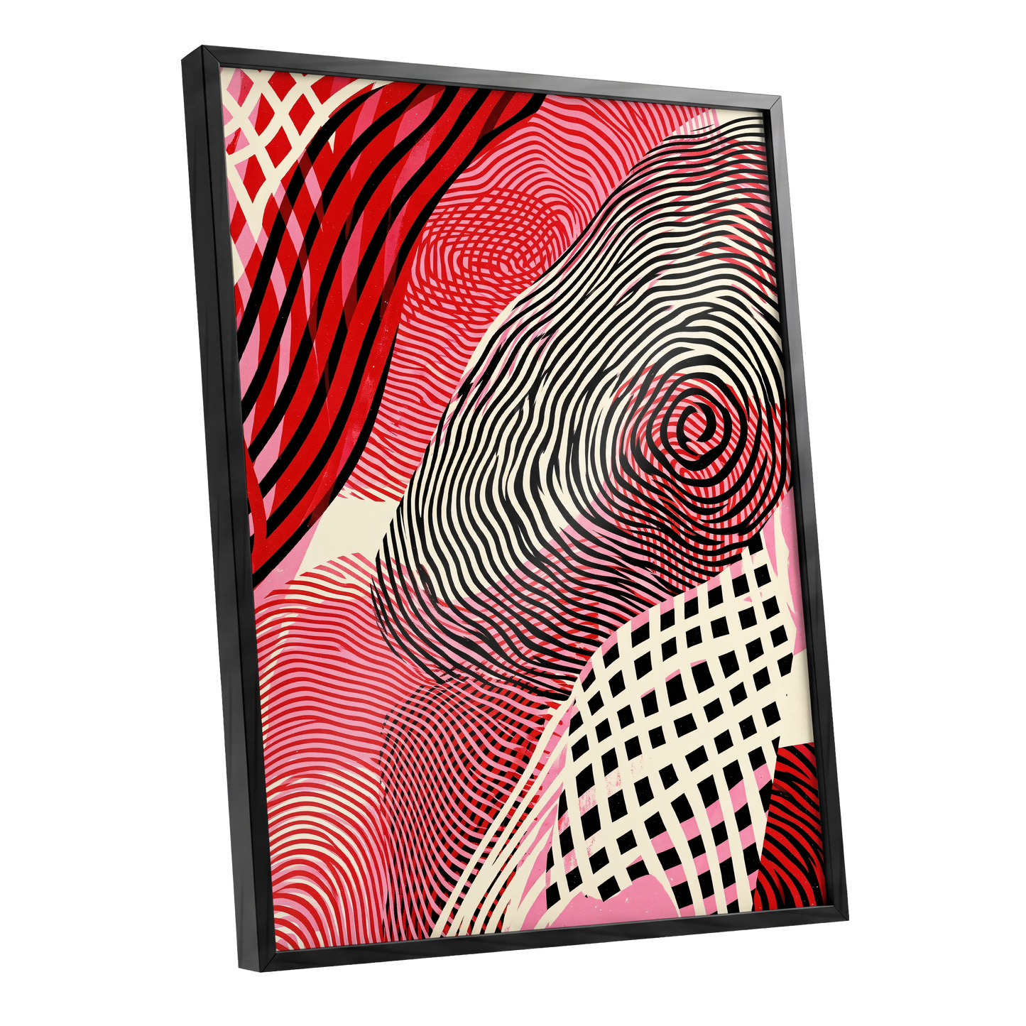 Crimson Current, black, red, pink abstract wall art shown as a black framed poster wall art print