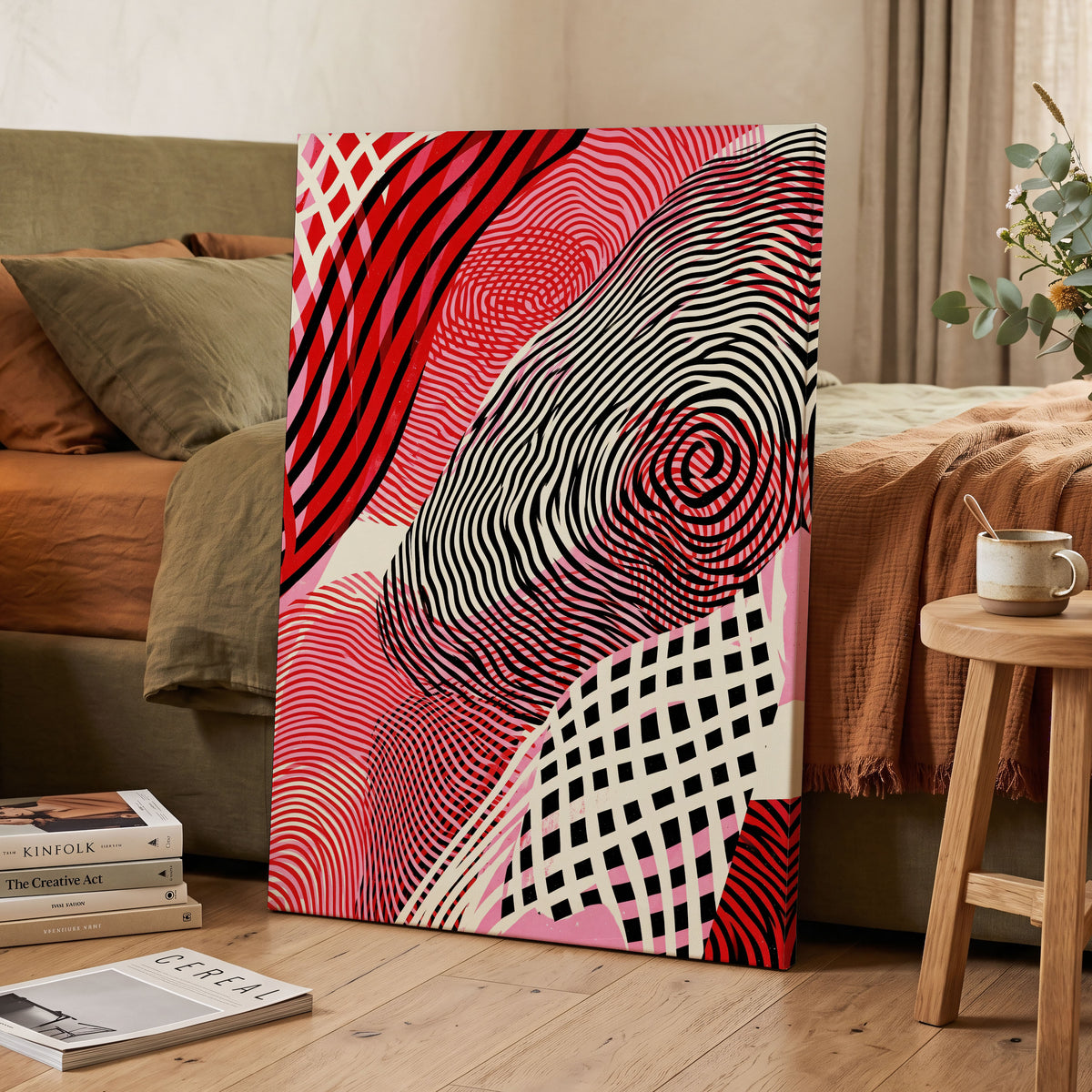 Crimson Current, black, red, pink abstract wall art on canvas displayed in a styled interior, gallery view 2