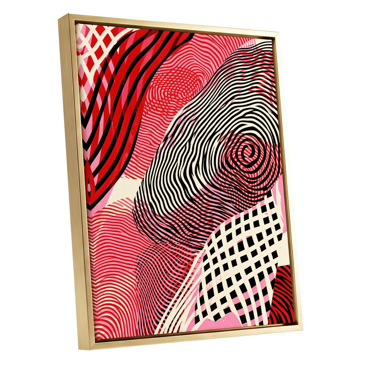 Crimson Current, black, red, pink abstract wall art shown as a gold framed canvas wall art