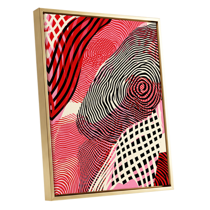 Crimson Current, black, red, pink abstract wall art shown as a gold framed canvas wall art