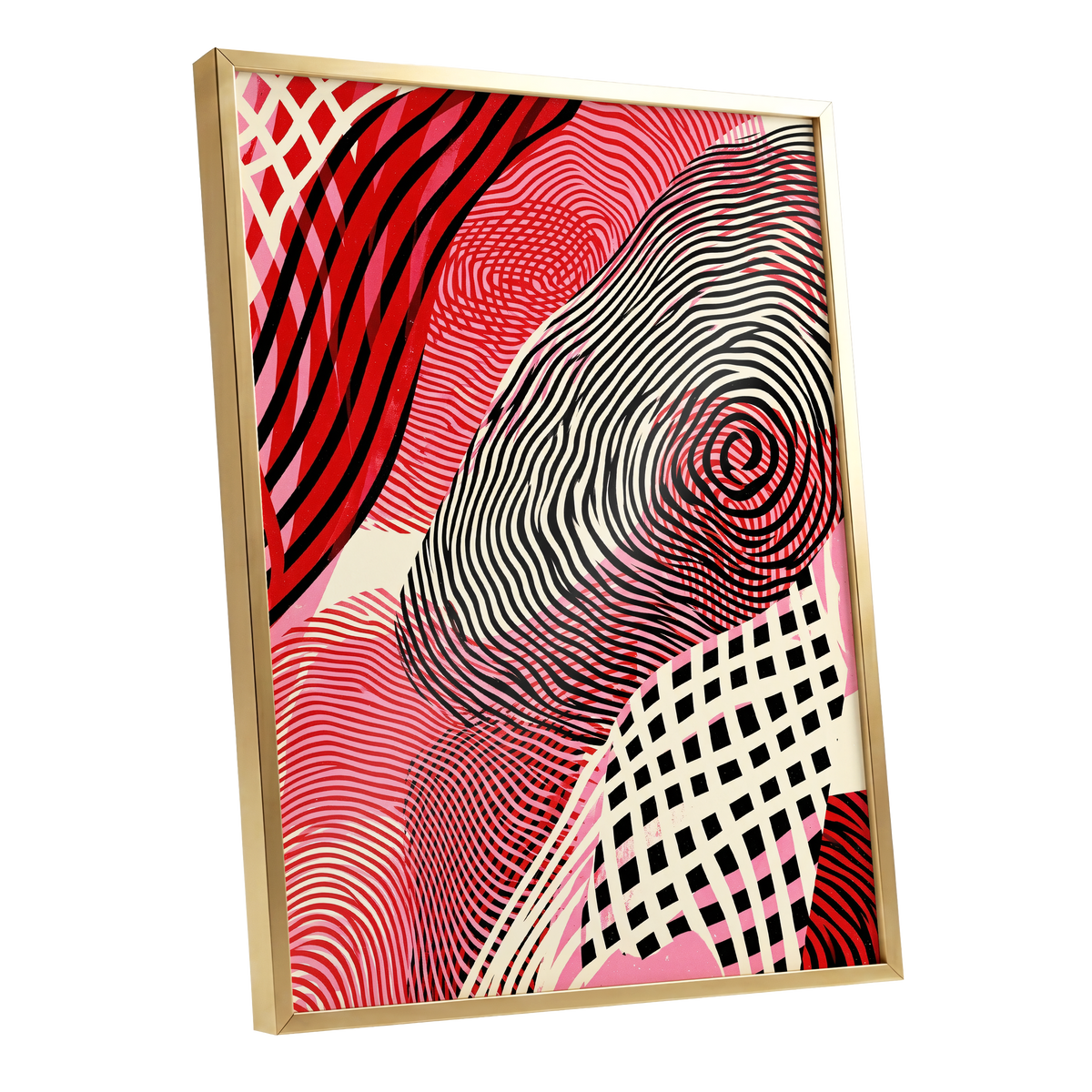 Crimson Current, black, red, pink abstract wall art shown as a gold framed poster wall art print