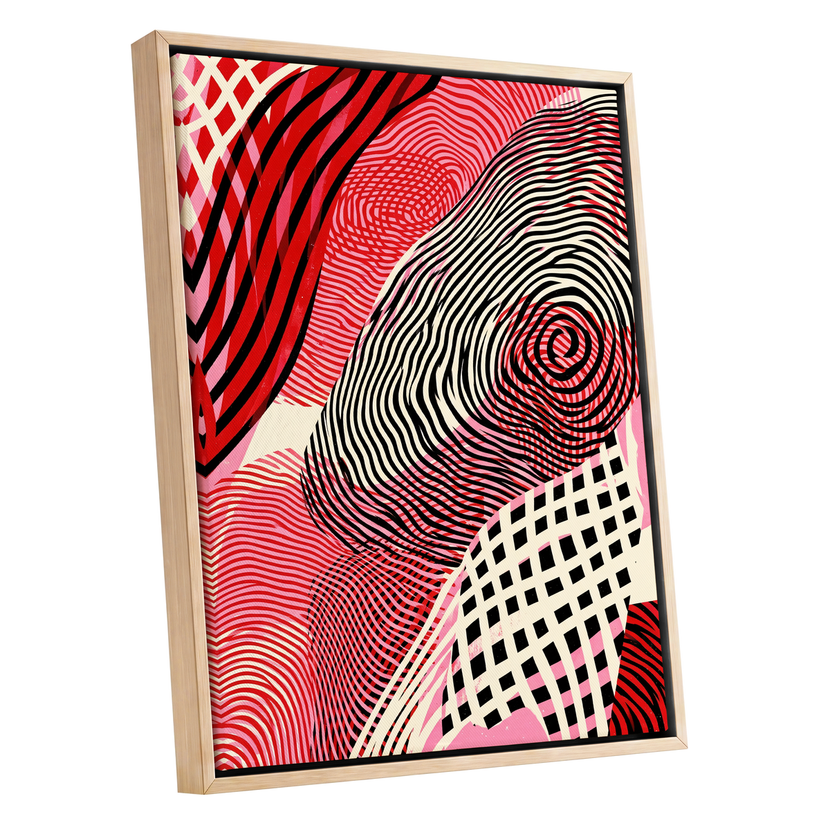Crimson Current, black, red, pink abstract wall art shown as a oak framed canvas wall art