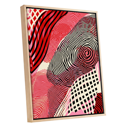 Crimson Current, black, red, pink abstract wall art shown as a oak framed canvas wall art