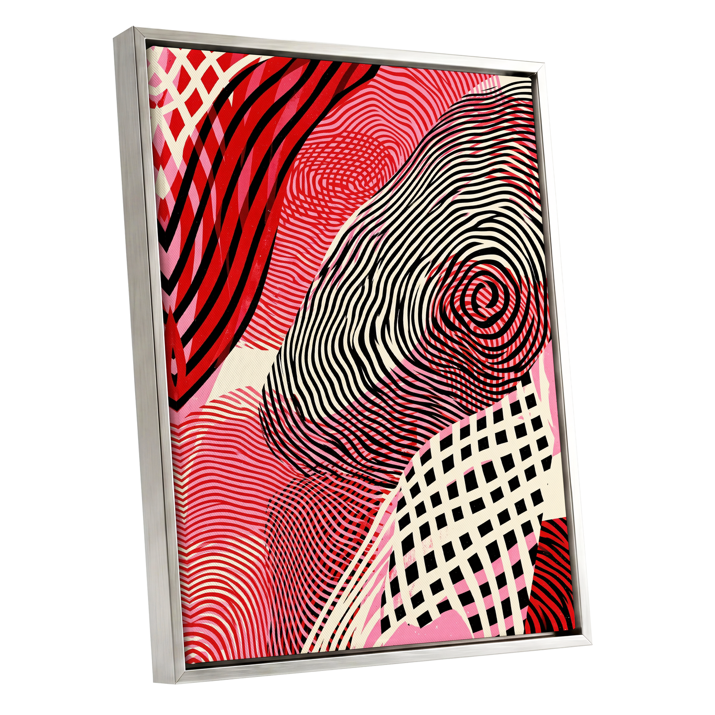 Crimson Current, black, red, pink abstract wall art shown as a silver framed canvas wall art